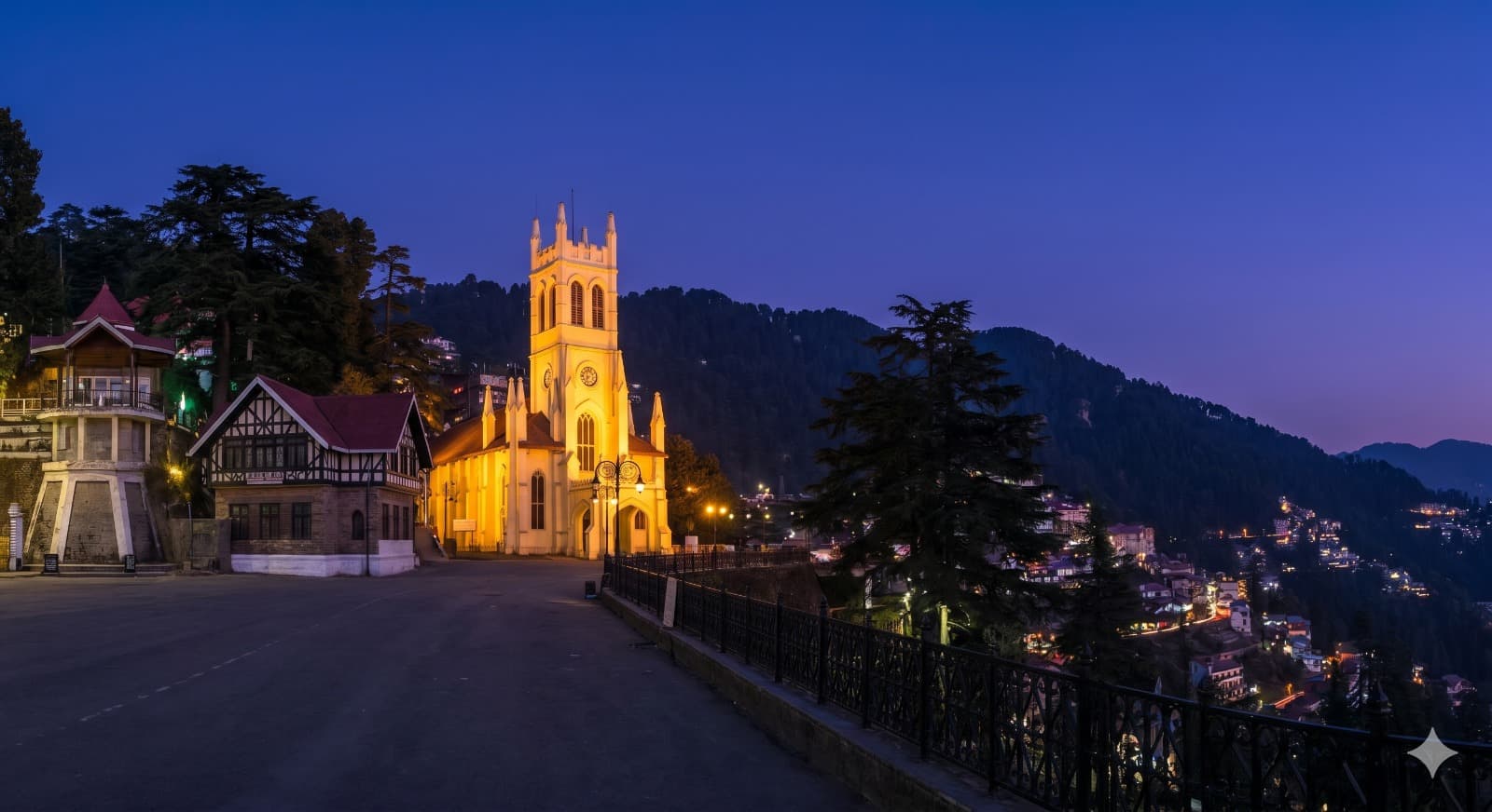 Christ Church illuminated at twilight on The Ridge in Shimla