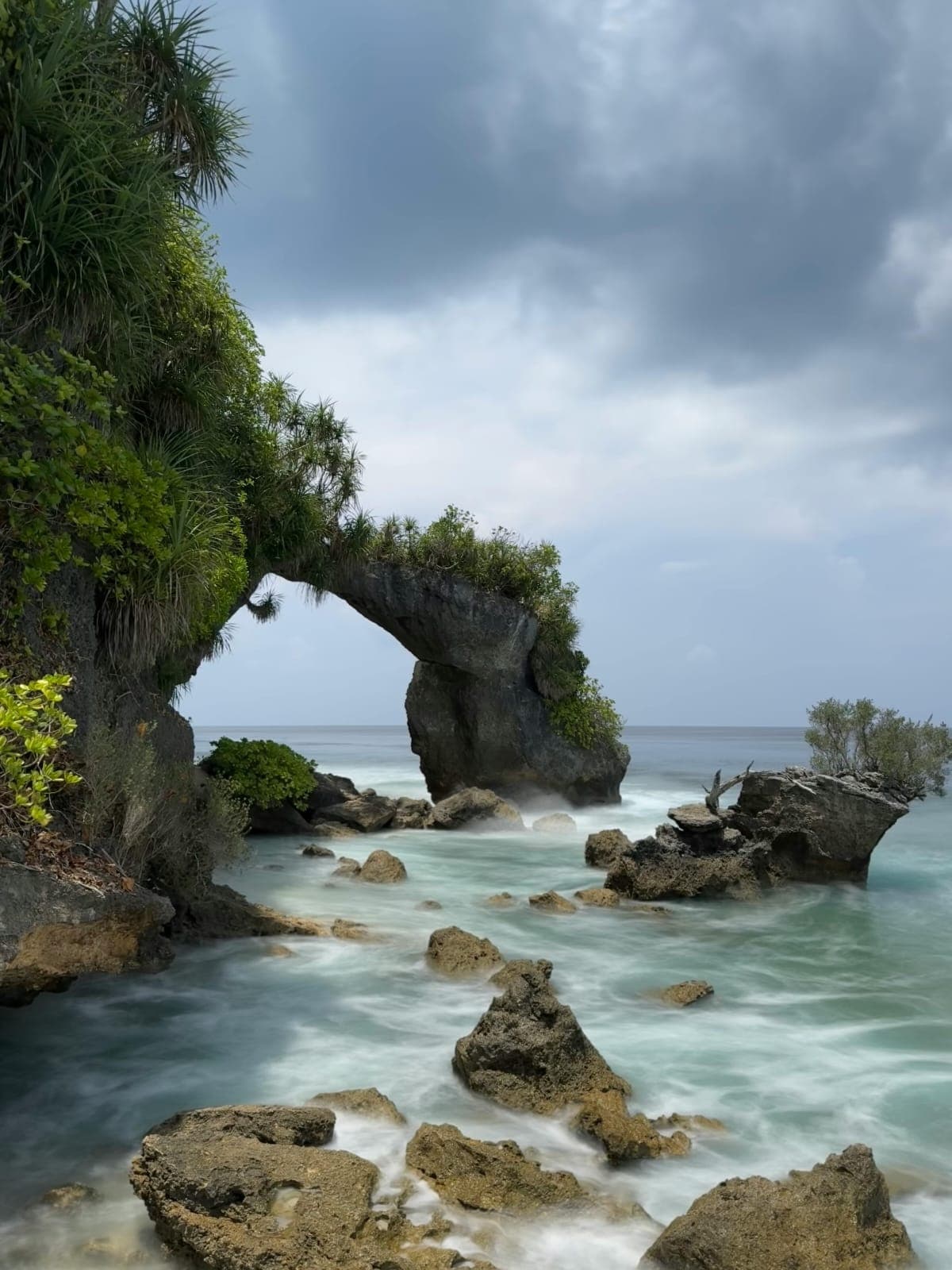 Natural rock arch covered in tropical vegetation on Neil Island, Andaman