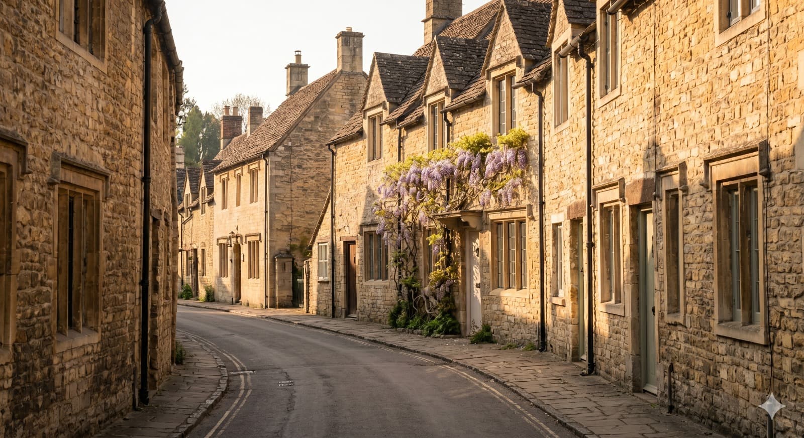 Honey-stone streets of the Cotswolds at golden hour