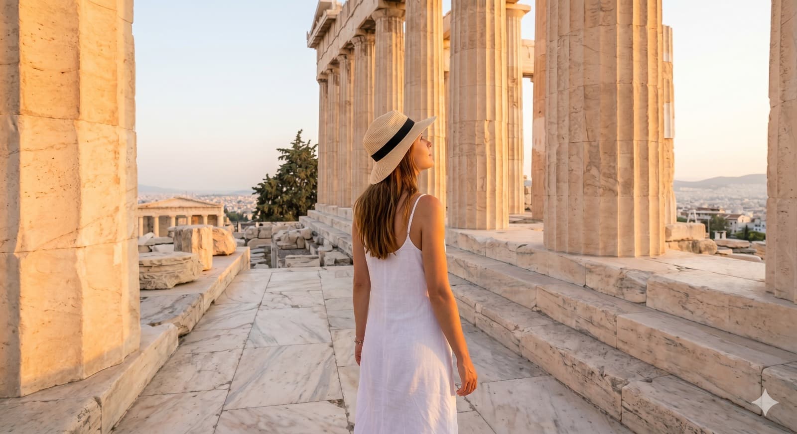 Traveller at the Parthenon on the Acropolis of Athens at golden hour