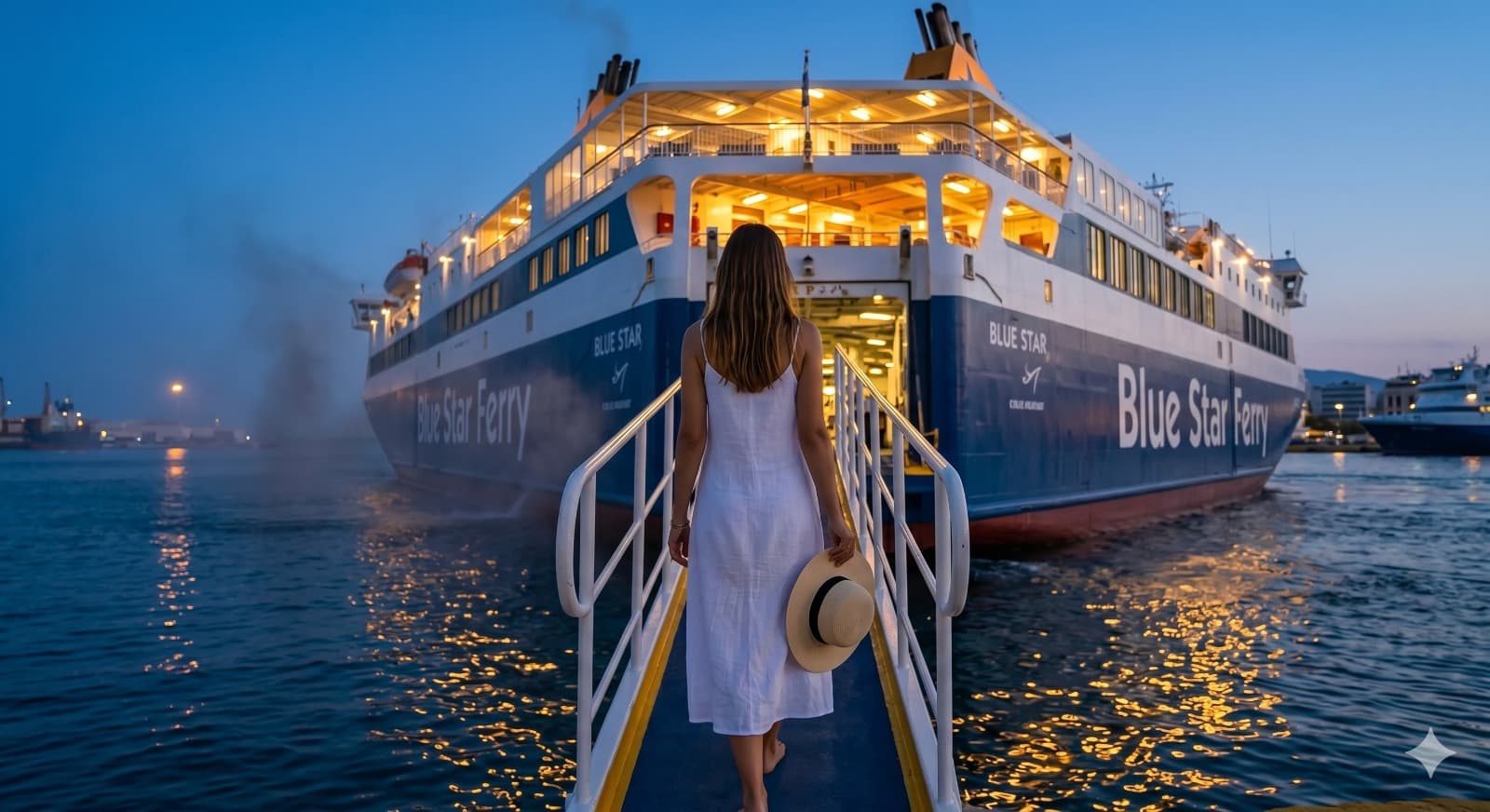 Traveller boarding a Blue Star Ferry at dusk in a Greek port