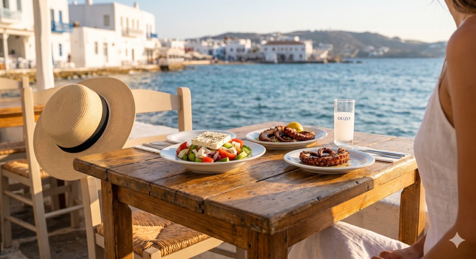 Traditional Greek mezze with feta and grilled octopus by the waterfront in Mykonos