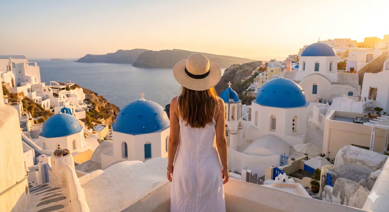 Woman overlooking the blue-domed churches of Oia in Santorini at sunset