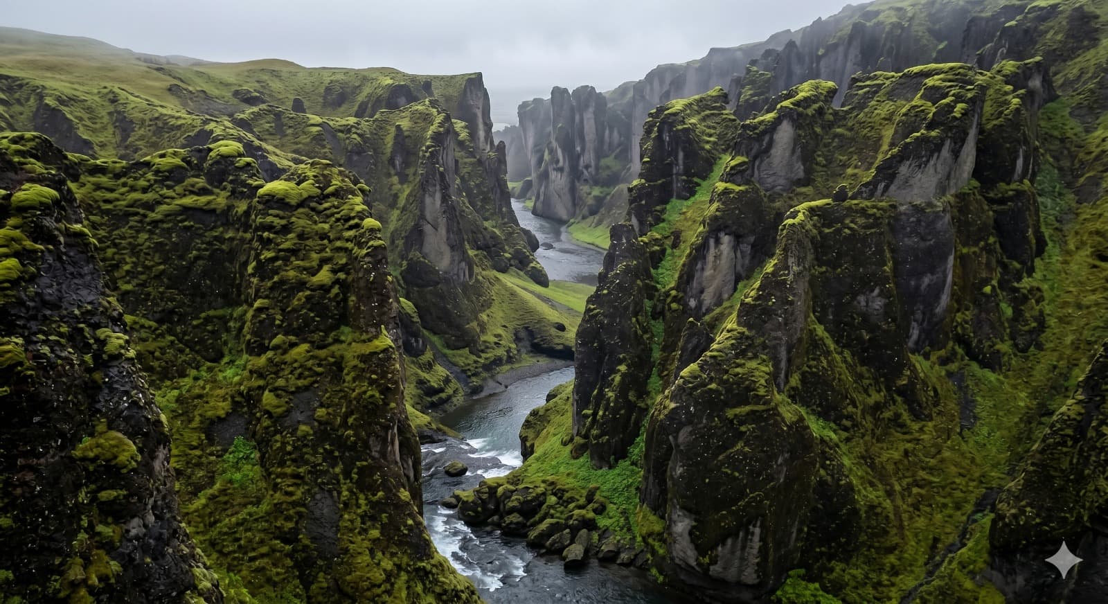 Fjaðrárgljúfur canyon with moss-covered walls and river below