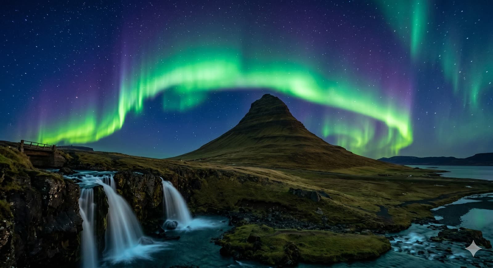 Aurora Borealis over Kirkjufell mountain with waterfall in foreground