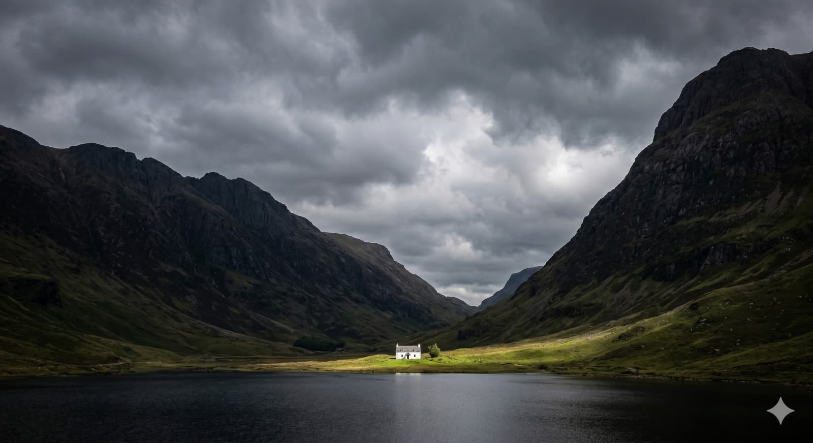 A lone cottage in the dramatic Scottish Highlands glen