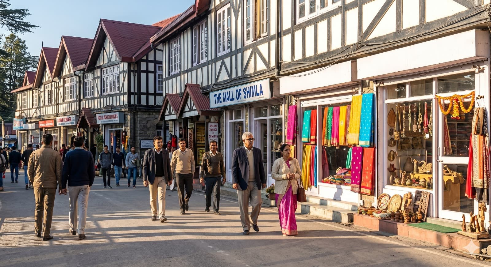 People strolling past colonial mock-Tudor shops on The Mall Road in Shimla